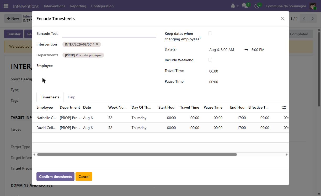 Hours being recorded for several agents at once, with travel and break time separate
