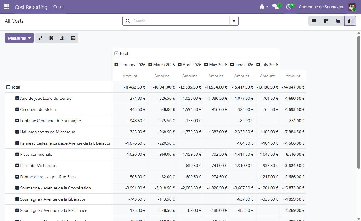 A pivot table of costs by asset and by month over six months