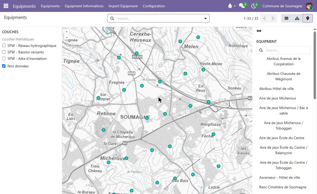 Municipal equipment plotted on a map with regional thematic layers