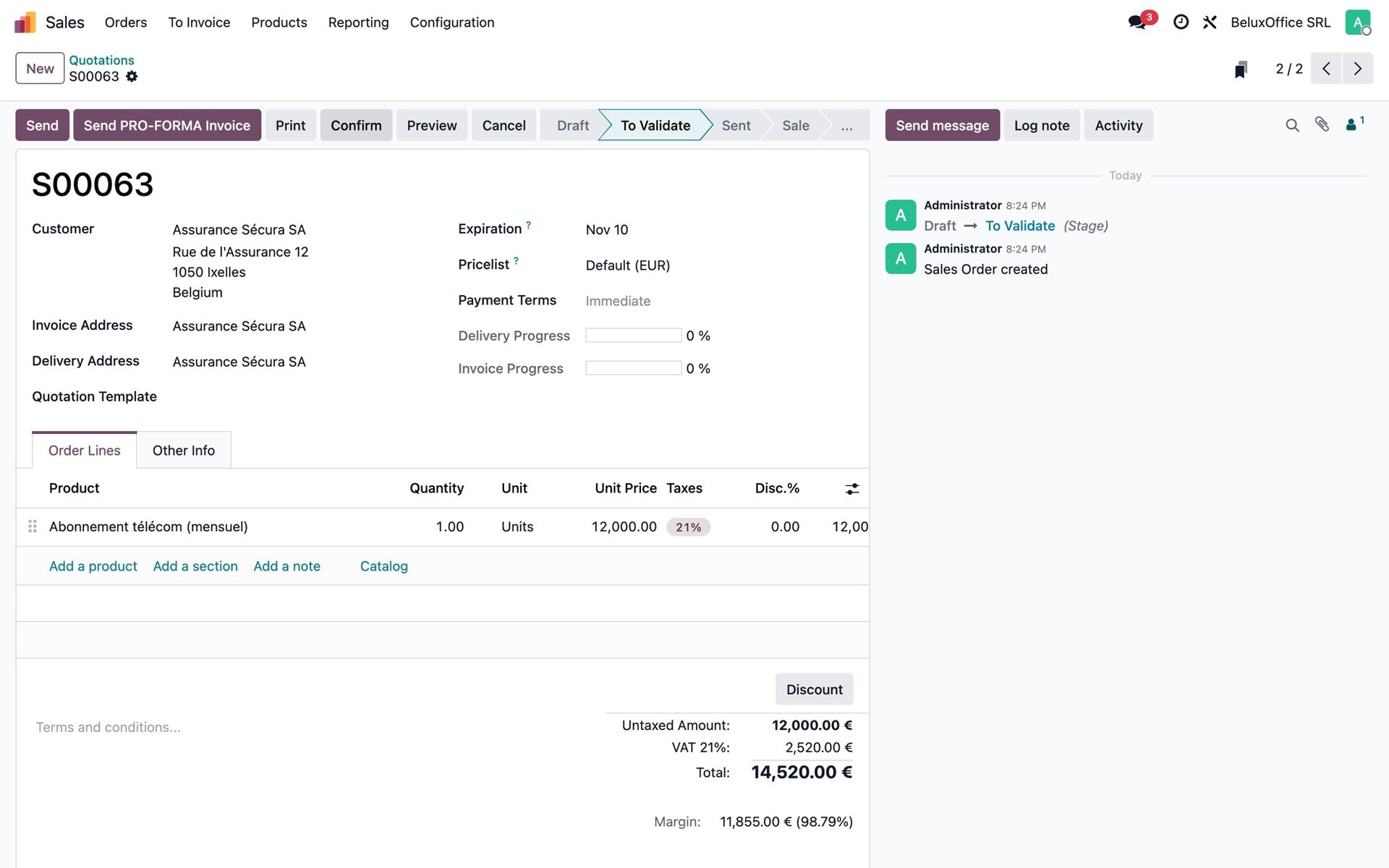 An order waiting at To Validate, with no Create Invoice button
