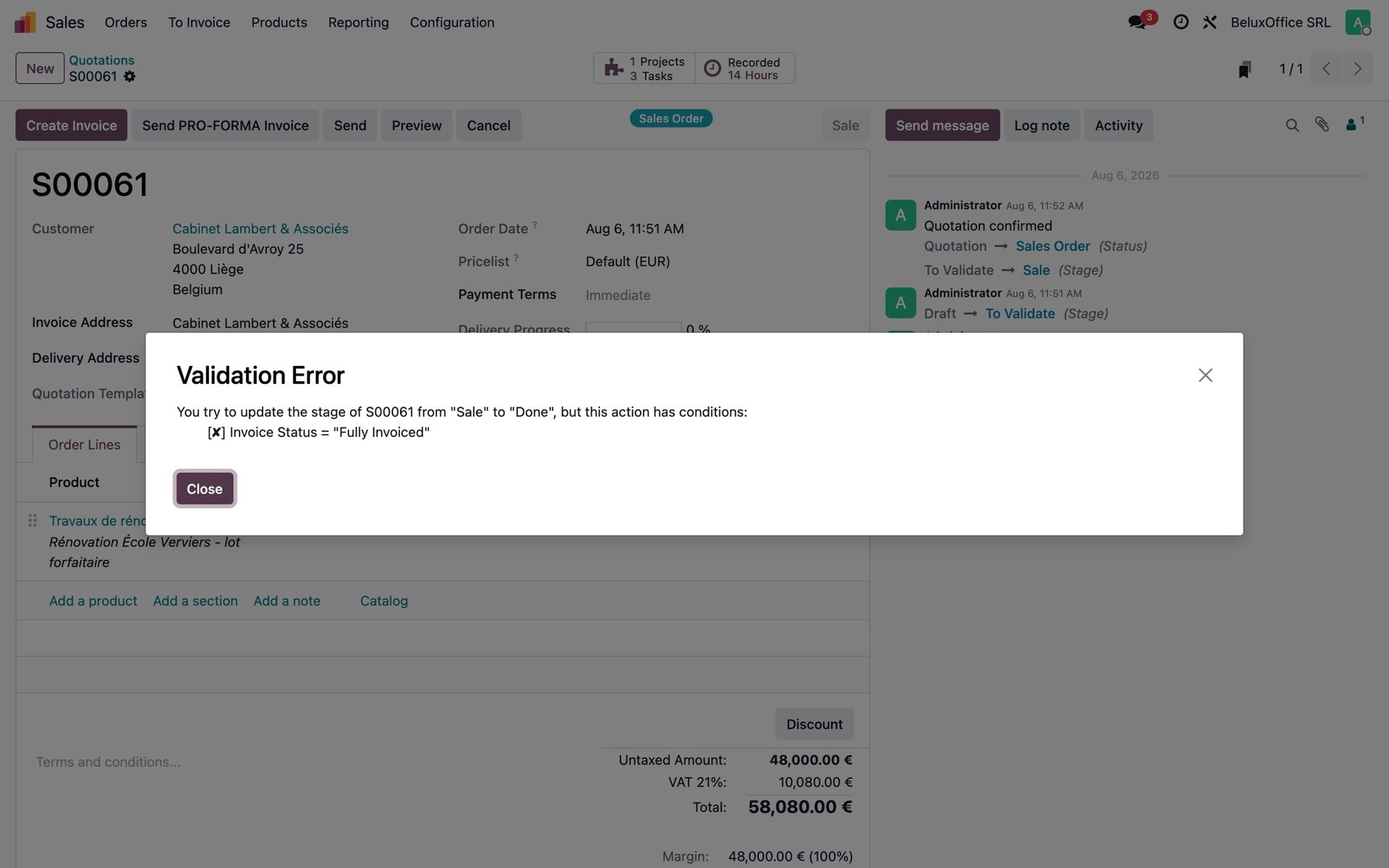 A blocking message listing the unmet condition