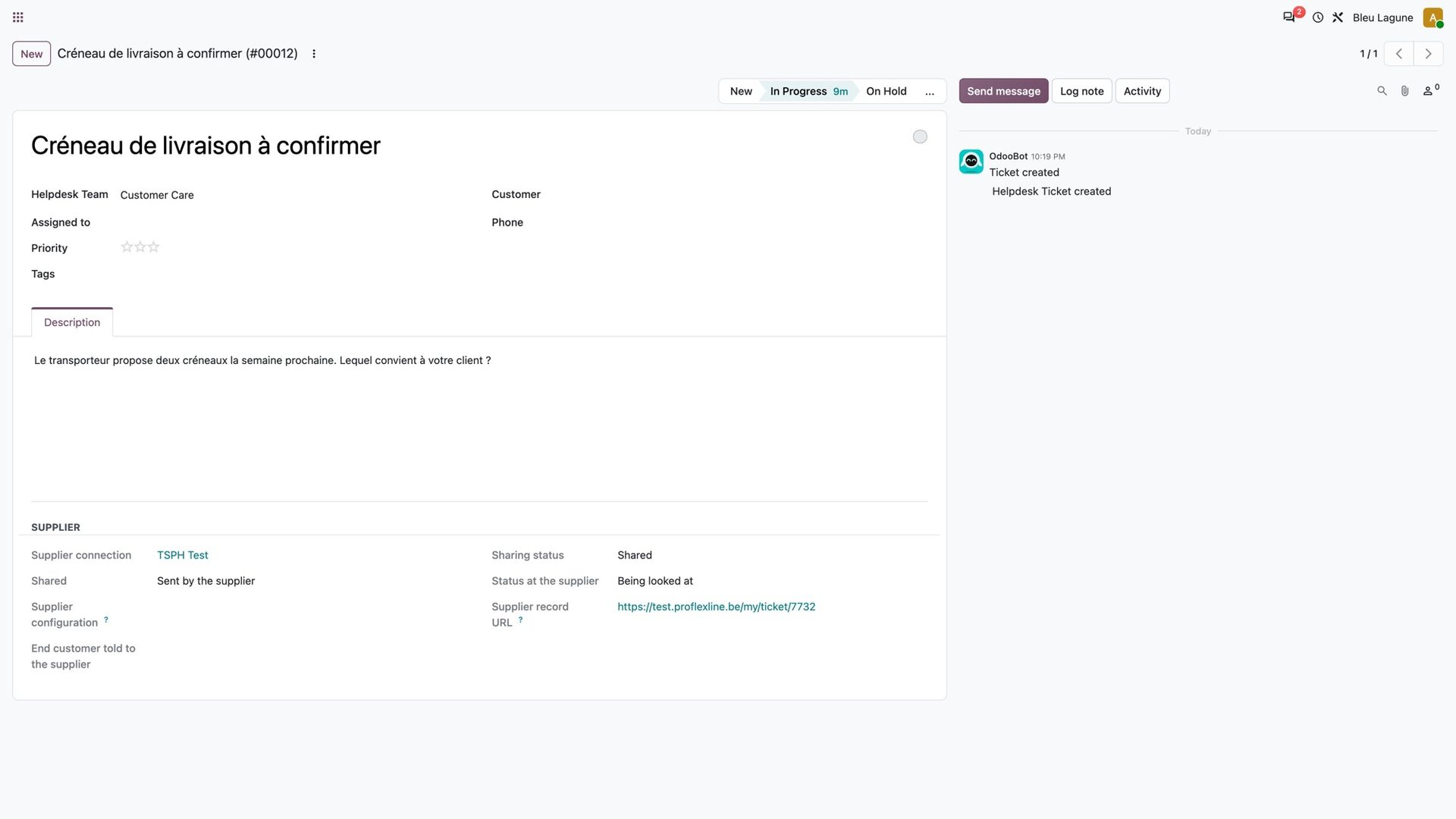 A ticket opened by the supplier asking to confirm a delivery slot