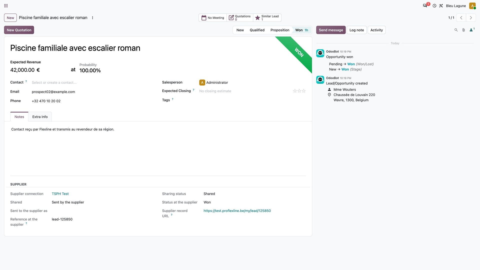 A lead received from the supplier, shown in the reseller CRM
